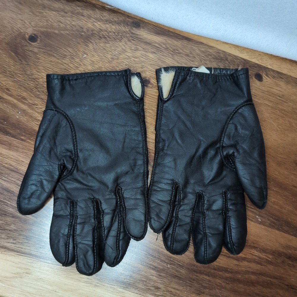 Vintage Black Cowhide Leather Gloves Rabbit Fur Lined Size Large Korea Cold Wear - Picture 2 of 5